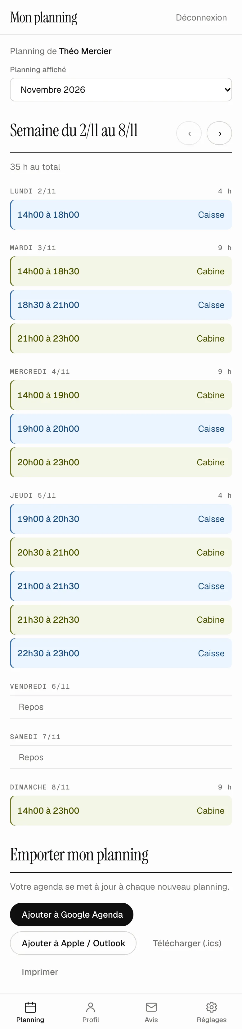 « Mon planning » sur le téléphone de Théo Mercier : la semaine du 2 au 8 novembre, 35 h au total, chaque créneau à la caisse ou en cabine, deux jours de repos, puis « Emporter mon planning » avec l’ajout à Google Agenda, à Apple ou Outlook, le téléchargement et l’impression.